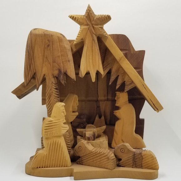 Vintage Olive Wood Nativity Scene Made in Bethlehem 6” X 6.5” Handmade Folk Art - Picture 1 of 16